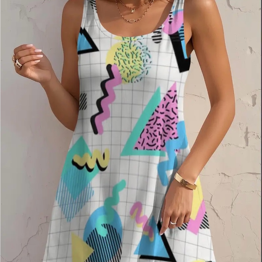 80s Inspired Colorful Geometric Pattern Sun Dress Size Large